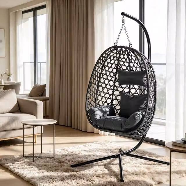 Sedia sospesa REDOM in metallo e rattan grigio scuro L: 105 cm, P: 105 cm, H: 195 cm