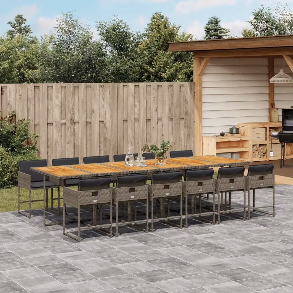 Set da pranzo da giardino vidaXL in polyrattan con cuscini e tavolo in legno di acacia, 13 pezzi, grigio e marrone