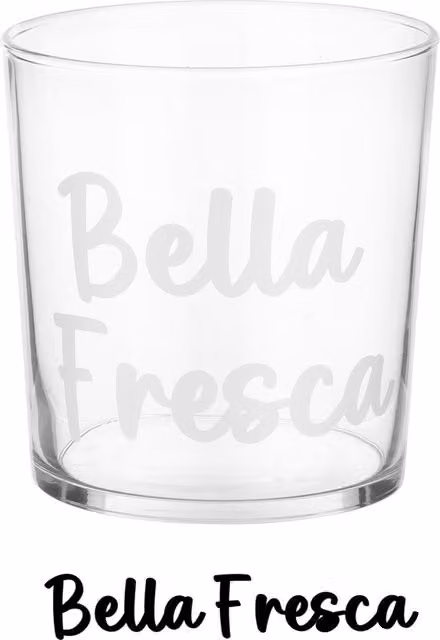 Bicchiere per acqua in vetro trasparente KASANOVA con scritta Bella fresca da 360 ml