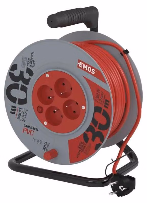 EMOS Cavo di prolunga su tamburo 30 m / 4 prese / rosso / PVC / 230 V / 1 mm2, P19430