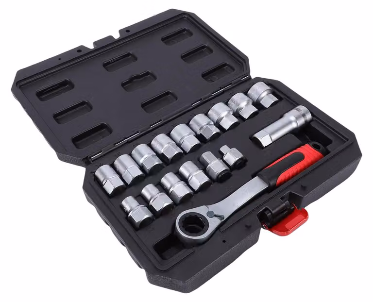 Set di 17 chiavi a bussola con bussola reversibile a 72 denti