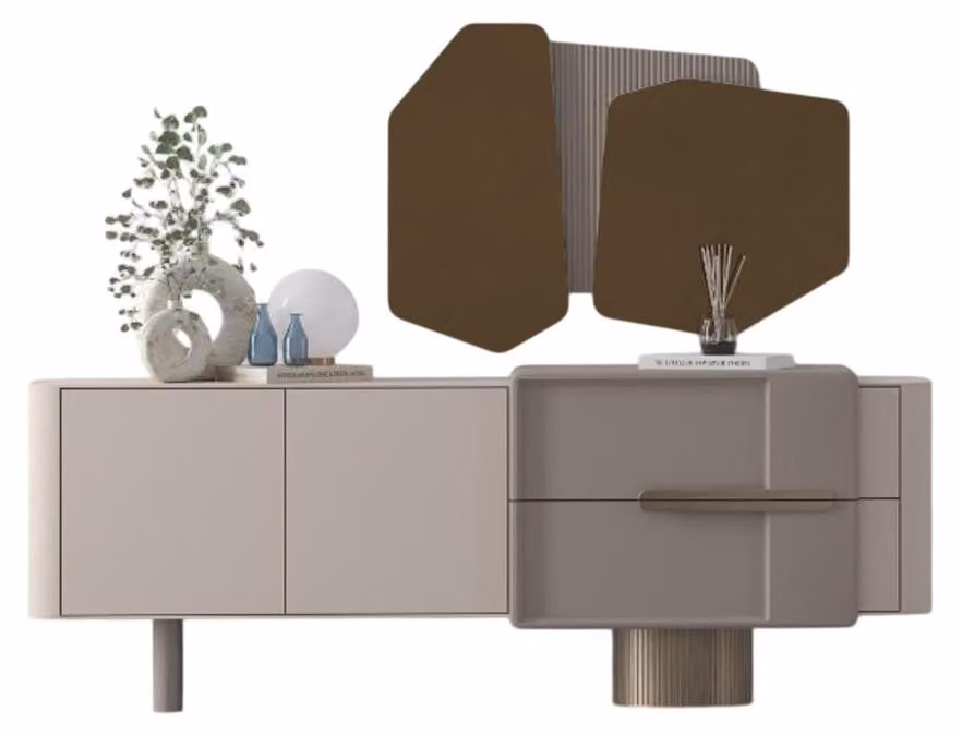 Comodino in stile moderno, colore beige, struttura in legno, design minimalista