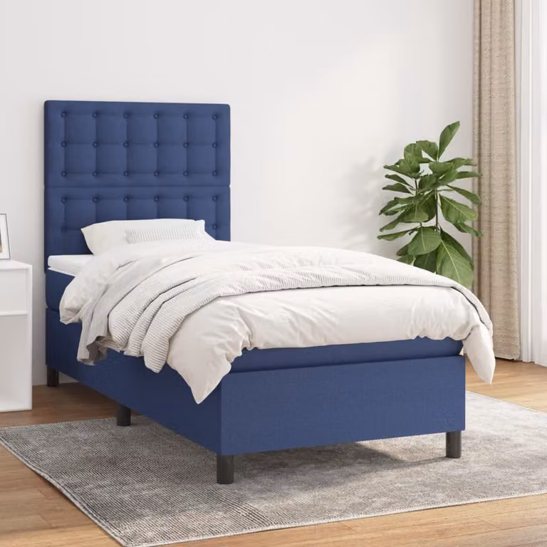 vidaXL Letto Ibrido con Giroletto a Molle e Materasso a Tasche Blu e Bianco L/P/H: 190 x 90 x 128 cm