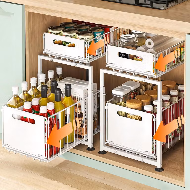 Organizzatore estraibile per armadietti da cucina, 2 ripiani, metallo bianco, confezione da 2 pezzi