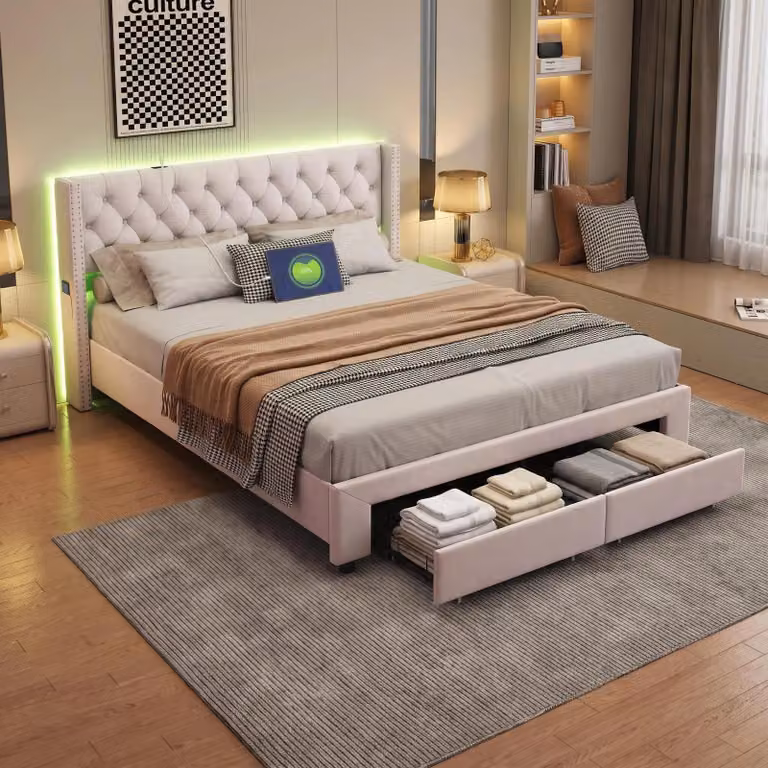 Letto imbottito INONEFT, dimensioni 140x190 cm, con spazio contenitore, letto matrimoniale con 2 cassetti e porta USB, struttura letto LED con rete a doghe, letto per ragazzi, in velluto, color beige
