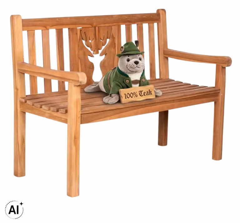 Panchina da giardino in teak 120 cm con schienale decorato – solida, resistente alle intemperie, intramontabile