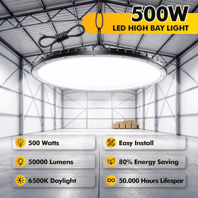 Lampada a LED UFO per ambienti industriali - Lampada ad alta luminosità per ambienti industriali - 500 W - Confezione da 2 - Grado di protezione IP65 (resistente all'acqua) - Alimentazione AC - Adatta per officine e garage
