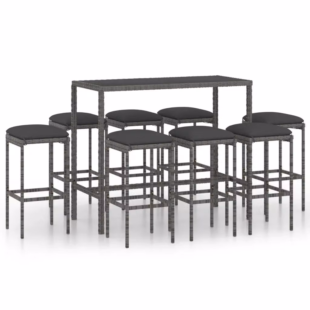 vidaXL Set da Bar da Giardino 9 pz in Polyrattan Grigio con Cuscini e Tavolo in Vetro – 2
