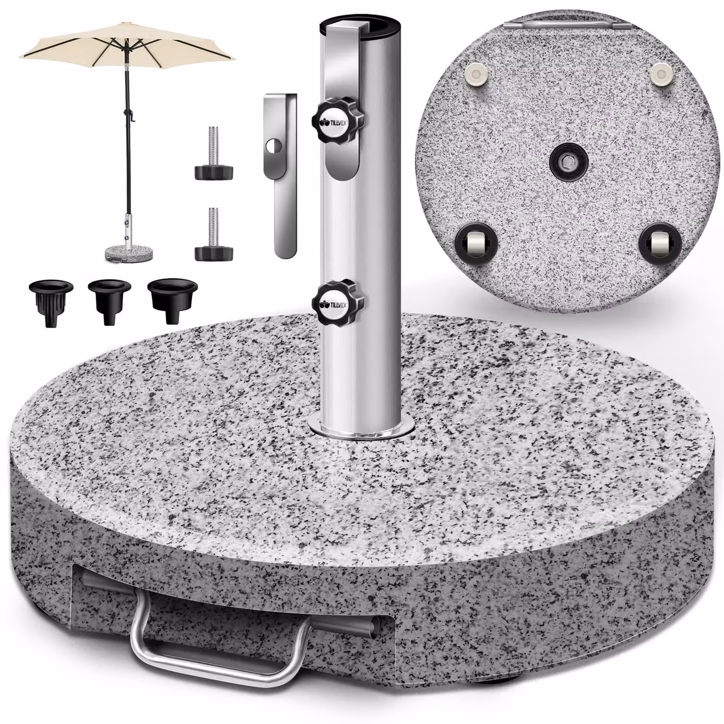 tillvex® Supporto per ombrellone in granito con rotelle e manico telescopico 27 kg Grigio - Rotondo | Supporto per ombrellone con tubo in acciaio inox | Supporto per ombrellone da balcone per pali dell'ombrellone da 16-48 mm e 300 cm di diametro dell'ombr