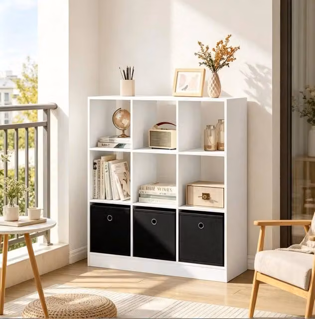 Libreria ULEVR 80x86,5x30 cm con vani a cubo e 3 cassetti in tessuto, bianco e nero