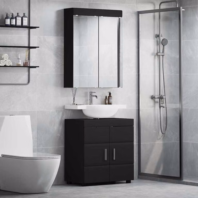 Set di mobili per il bagno vidaXL TULUM composto da mobile lavabo e armadietto con specchio, Nero, L: 60 cm, P: 34 cm, H: 63 cm