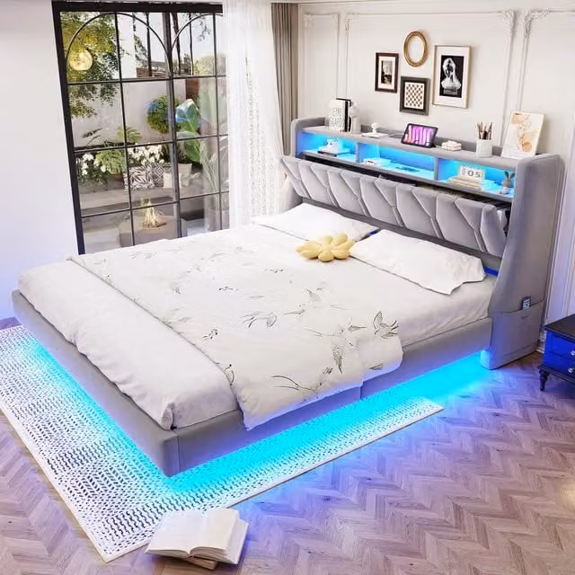 Letto Imbottito 180x200 con LED e Testiera Ribaltabile ¨C MINIMAL ¨C Velluto Grigio Chiaro