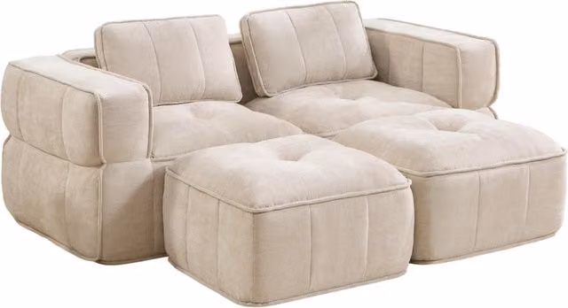 Divano modulare a due posti beige in tessuto poliestere resistente, con due pouf e schiuma ad alta densità 32D, dimensioni 198x162x67 cm