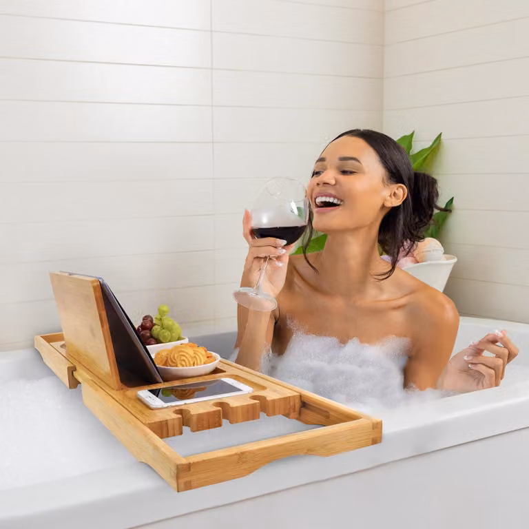 Tavolo regolabile per il bagno, in bambù, adatto per vasche da bagno, ideale per il relax