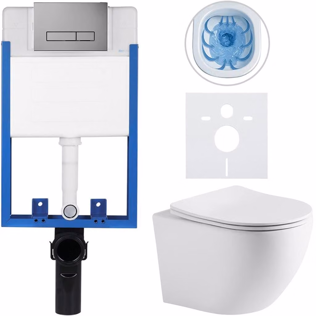 Set completo per WC sospeso Lite/Cesso - bianco opaco - pulsante per WC Slim, grigio scuro - da incasso - 49x36 cm