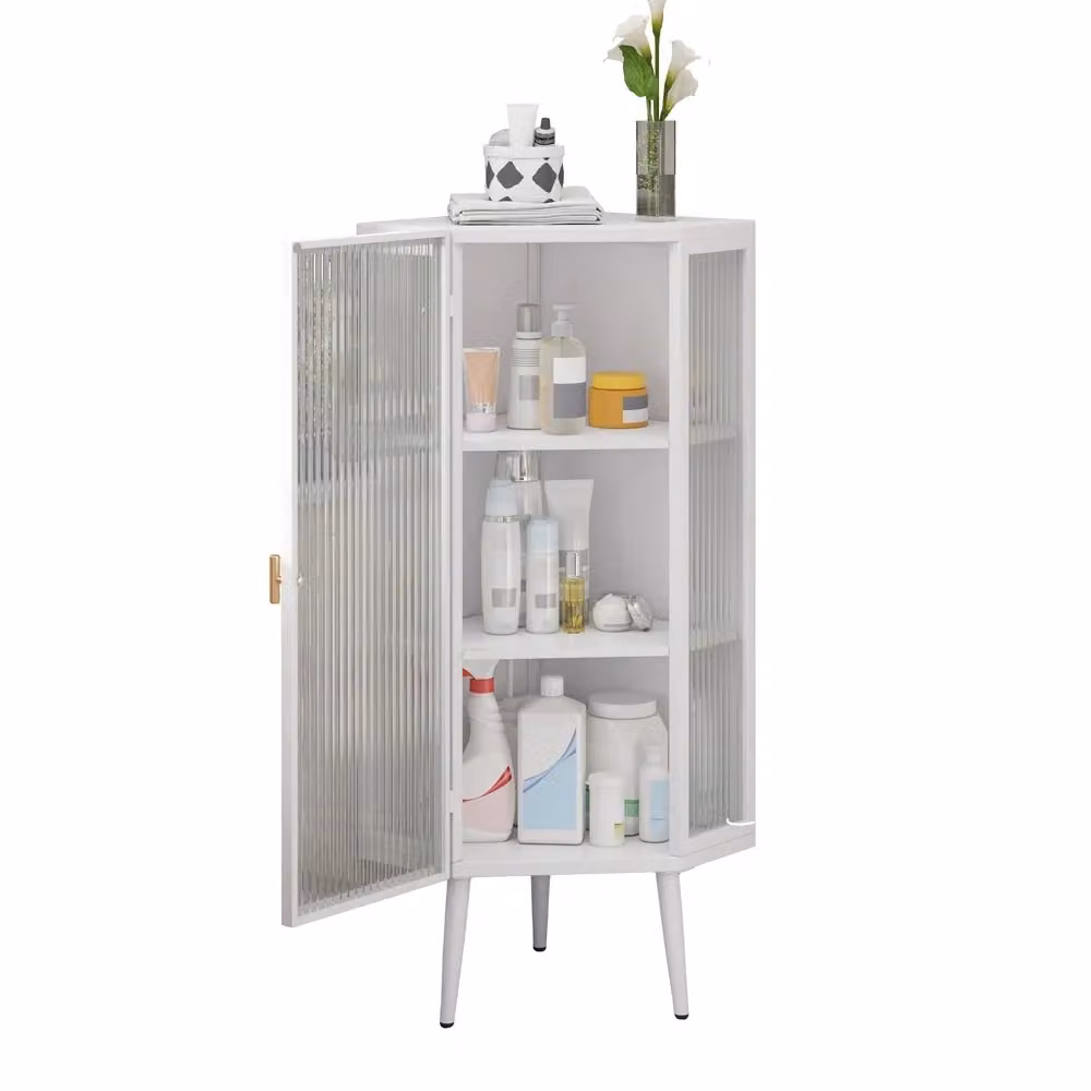 Armadietto angolare per bagno Minimal bianco con ante in vetro temperato e ripiani interni – 2