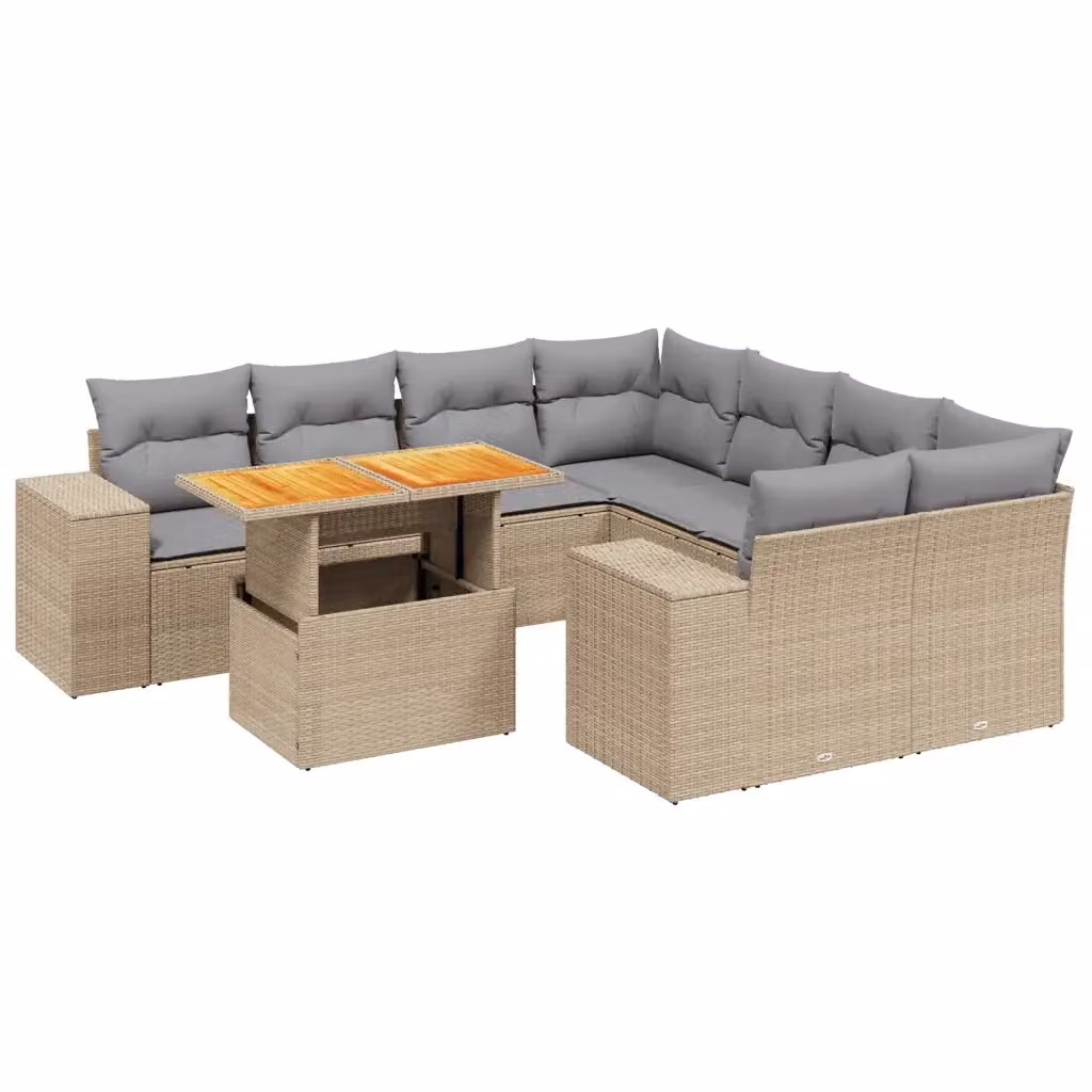 Set Divano da Giardino a L vidaXL 9 pz con Cuscini Beige e Tavolino, Struttura in Acciaio e Legno di Acacia – 2