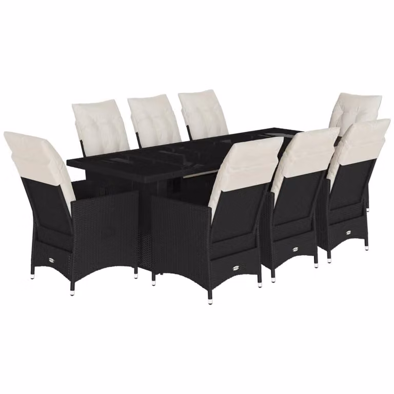 Set Bistrò da Giardino 9 pz con Cuscini in Polyrattan Nero