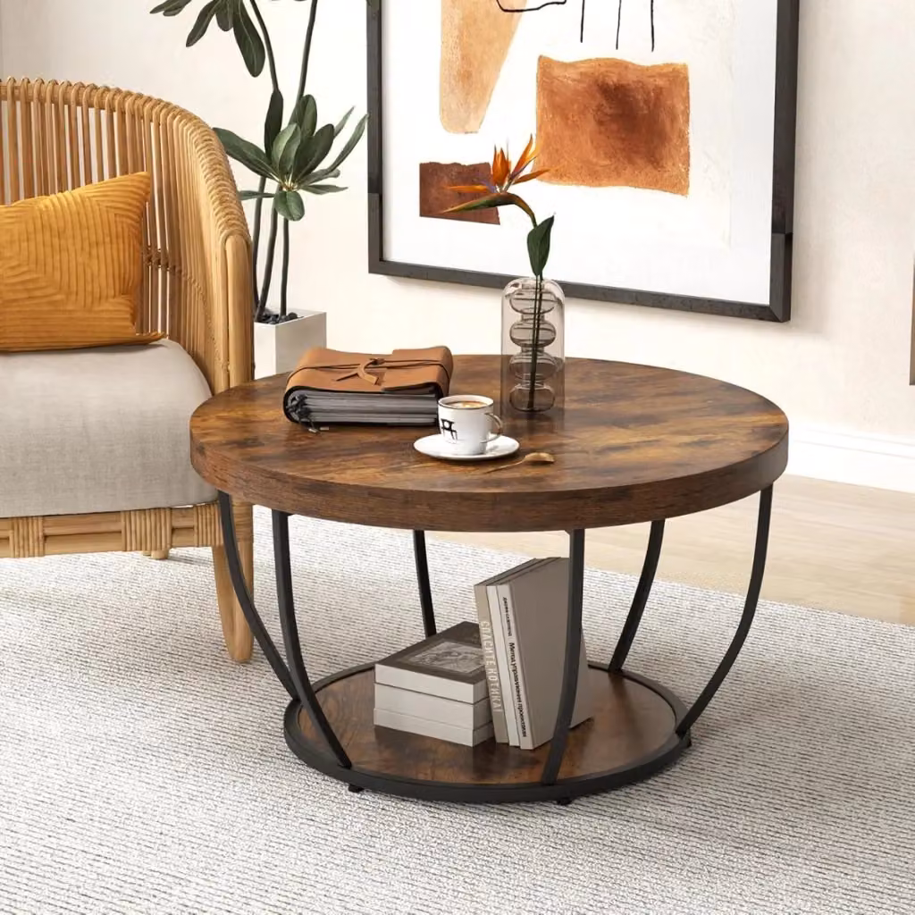 Tavolino rotondo Design In con 2 ripiani in metallo e legno, colore Naturale e Nero, Diametro: 80 cm – 2