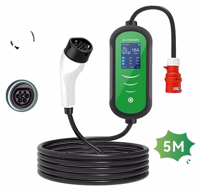 Caricatore per veicoli elettrici, cavo di 5 metri, corrente regolabile, 11 kW, 16A, 5 metri, tipo 2