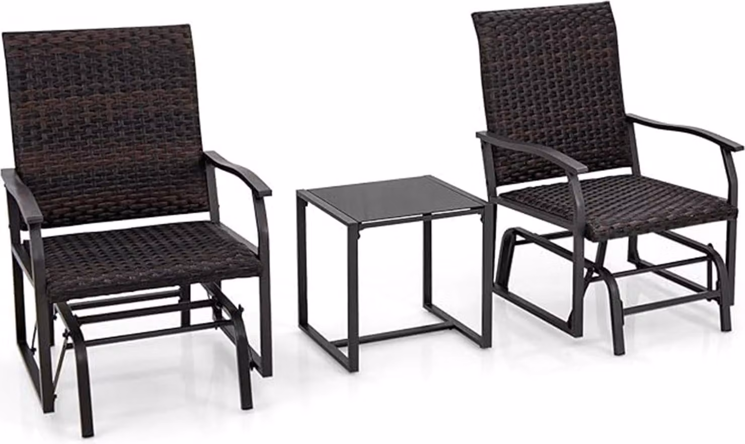 Set da 3 sedie a dondolo da giardino, sedie a dondolo in vimini e rattan con base in vetro temperato, seduta imbottita in schiuma, set di sedie a dondolo con struttura in metallo