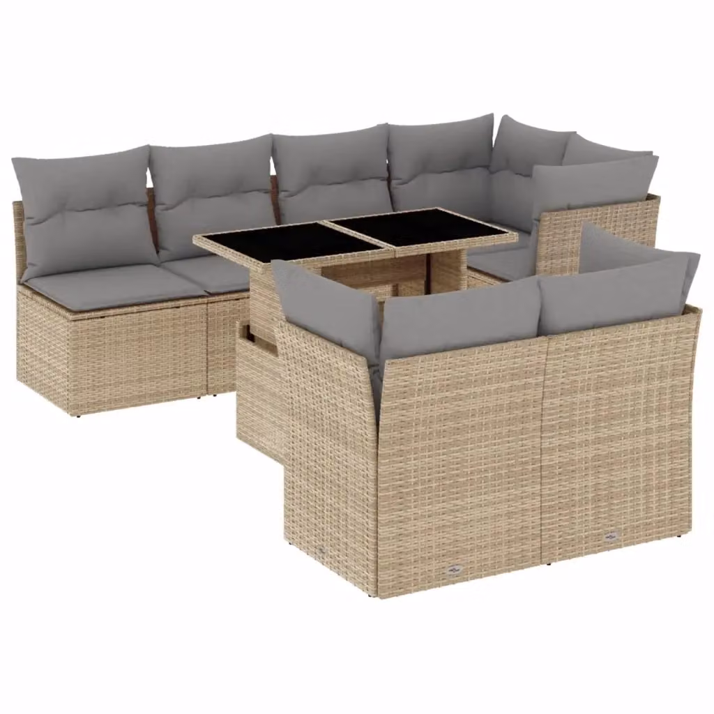 vidaXL Set Divano da Giardino a L 8 pz con Cuscini Beige e Tavolino in Metallo e Vetro – 2