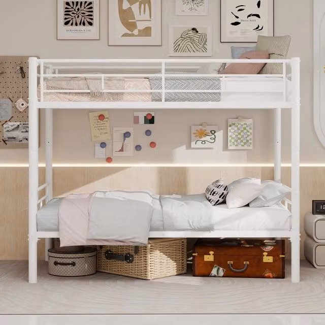 Letto a castello 90×190 cm con scala, barriere di sicurezza e divisibile in 2 letti, senza materasso, metallo, bianco