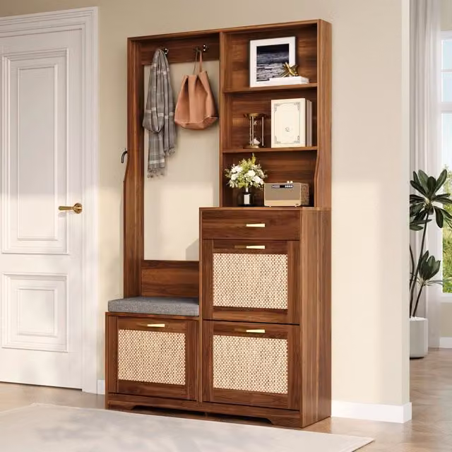 Mobile da ingresso moderno con panca scarpiera e ganci, frontali effetto rattan in MDF color noce, L 100 cm x P 30 cm x H 170 cm