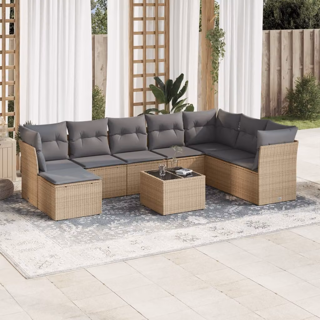 vidaXL Set Divano da Giardino 9 pz a L in Polyrattan con Cuscini Beige e Tavolino da Caffè – 1