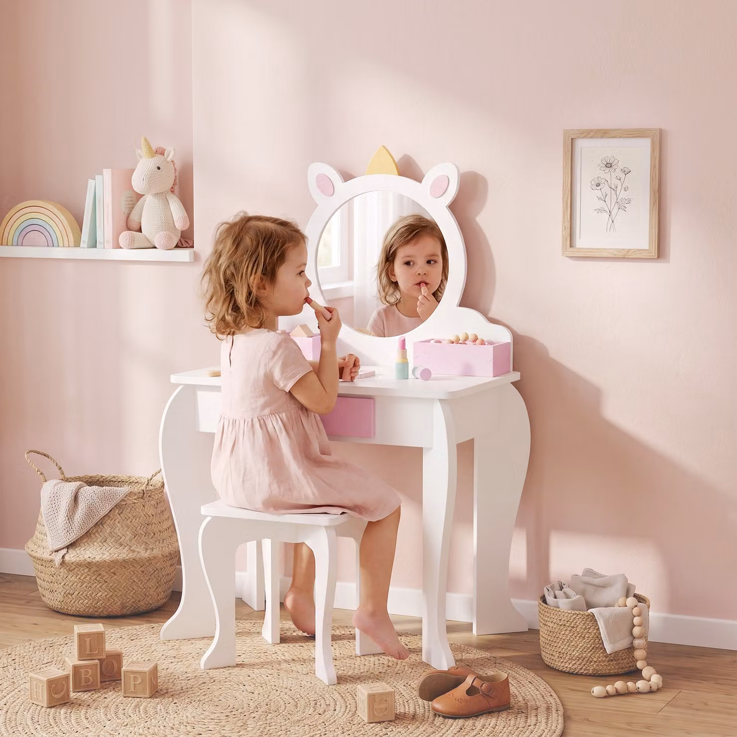 Set Toeletta Trucco Bambina ZONEKIZ con Sgabello, Postazione in Legno con Specchio Rotondo e 2 Scatole Portaoggetti, Design Unicorno Rosa e Bianco per Bambini da 3 a 6 Anni – 2
