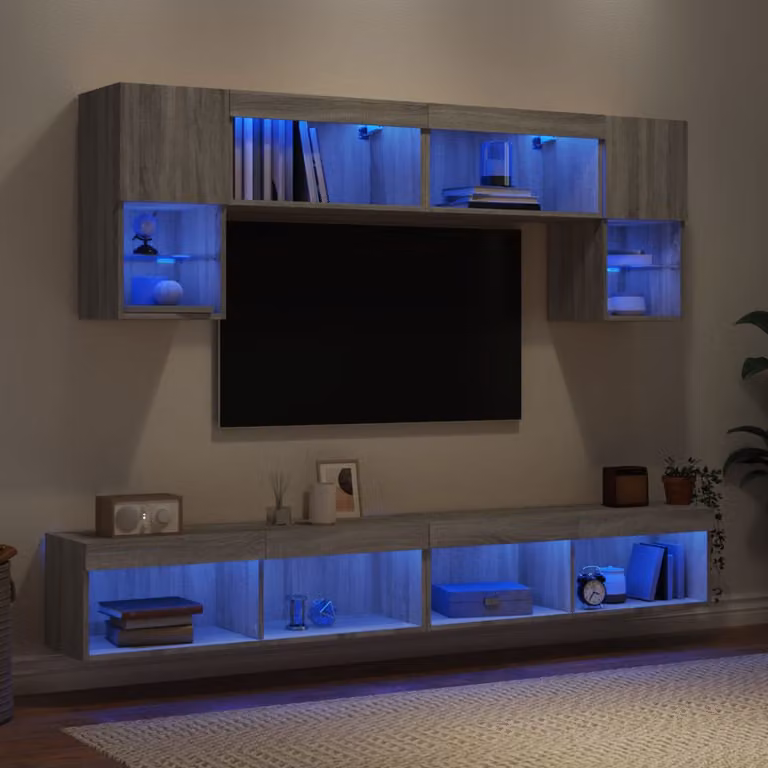 Mobile TV a muro moderno vidaXL con illuminazione LED integrata, 6 pezzi, Grigio, in legno e MDF