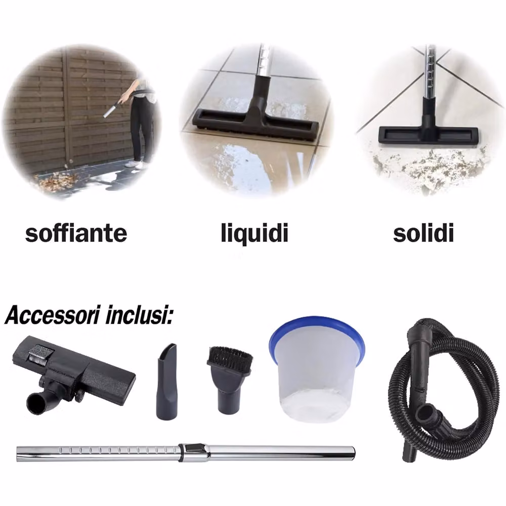 Aspirapolvere e aspiraliquidi Ribimex in acciaio inox color argento con capacità 50 Lt e potenza 1200W – 2