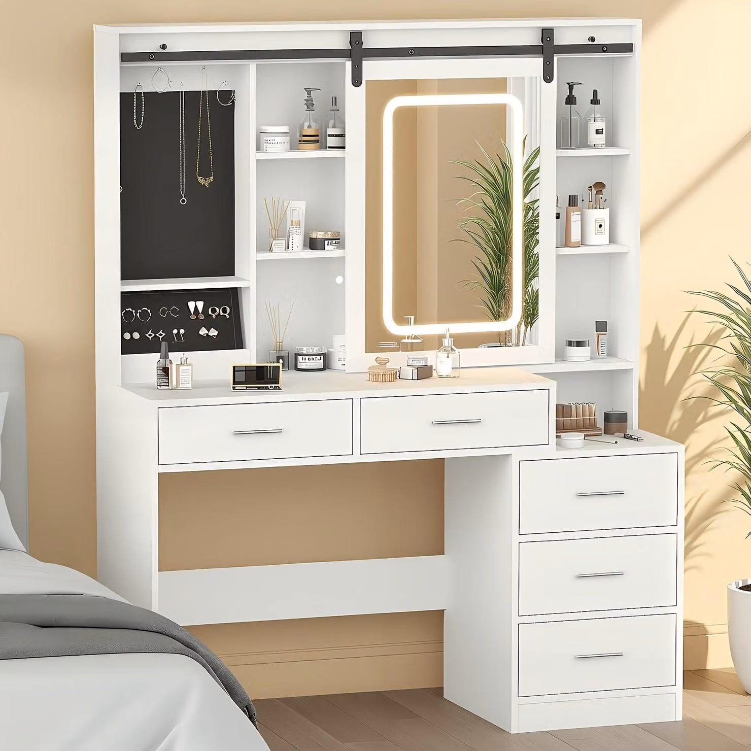Tavolino da trucco - Comodino da trucco - Specchio con illuminazione a LED, con 3 livelli di intensità luminosa