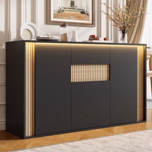 Madia moderna con 3 ante, 1 cassetto e illuminazione LED regolabile per soggiorno, finitura nero e naturale, L/P/H: 140 x 40 x 82 cm