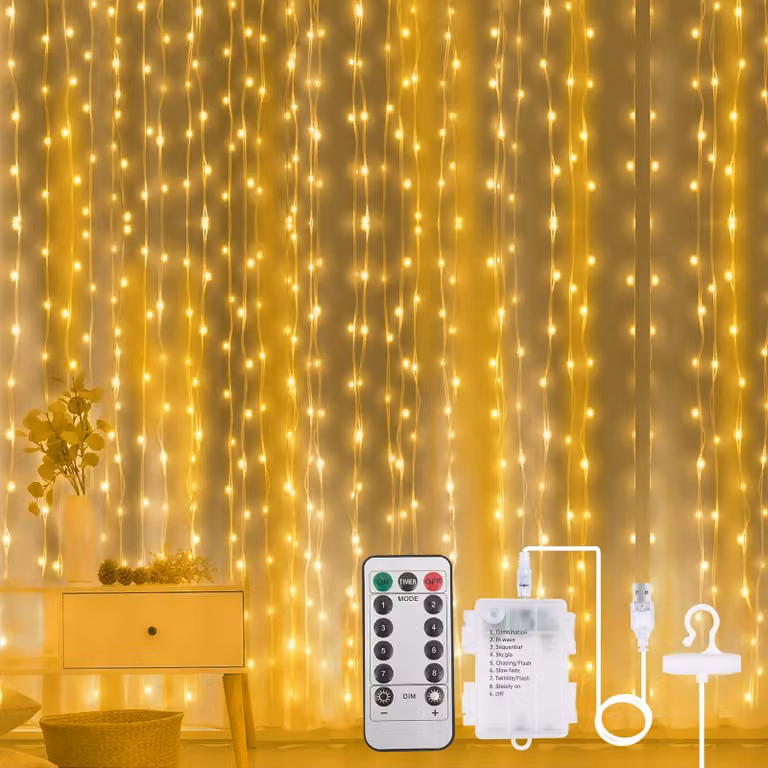 Illuminazione a tenda a LED, dimensioni 3x3 metri, 300 LED bianco caldo, telecomando, 8 modalità