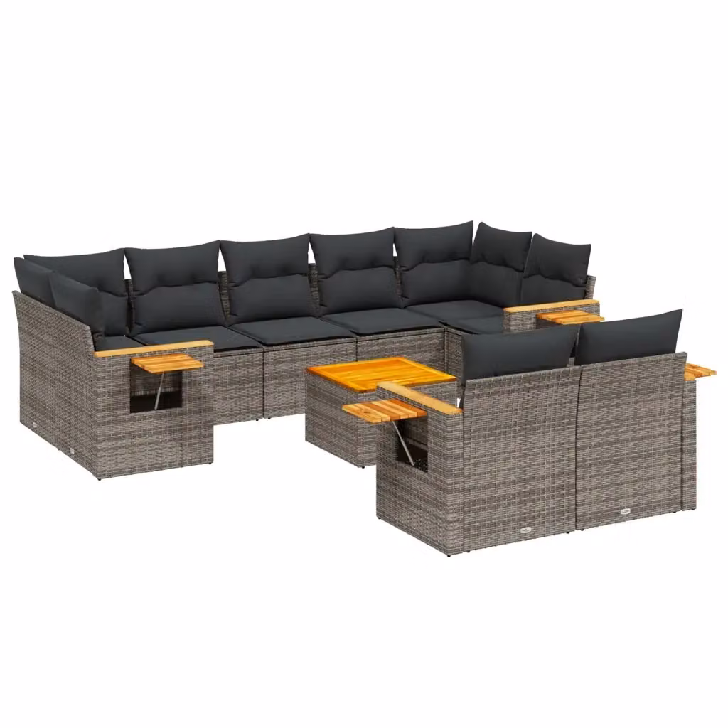 vidaXL Set Divano da Giardino 10 pz in Polyrattan Grigio con Cuscini e Tavolino da Caffè – 2