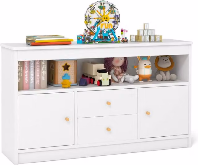 Organizzatore per giocattoli e libreria per bambini in legno con 2 cassetti e 2 ante, Bianco