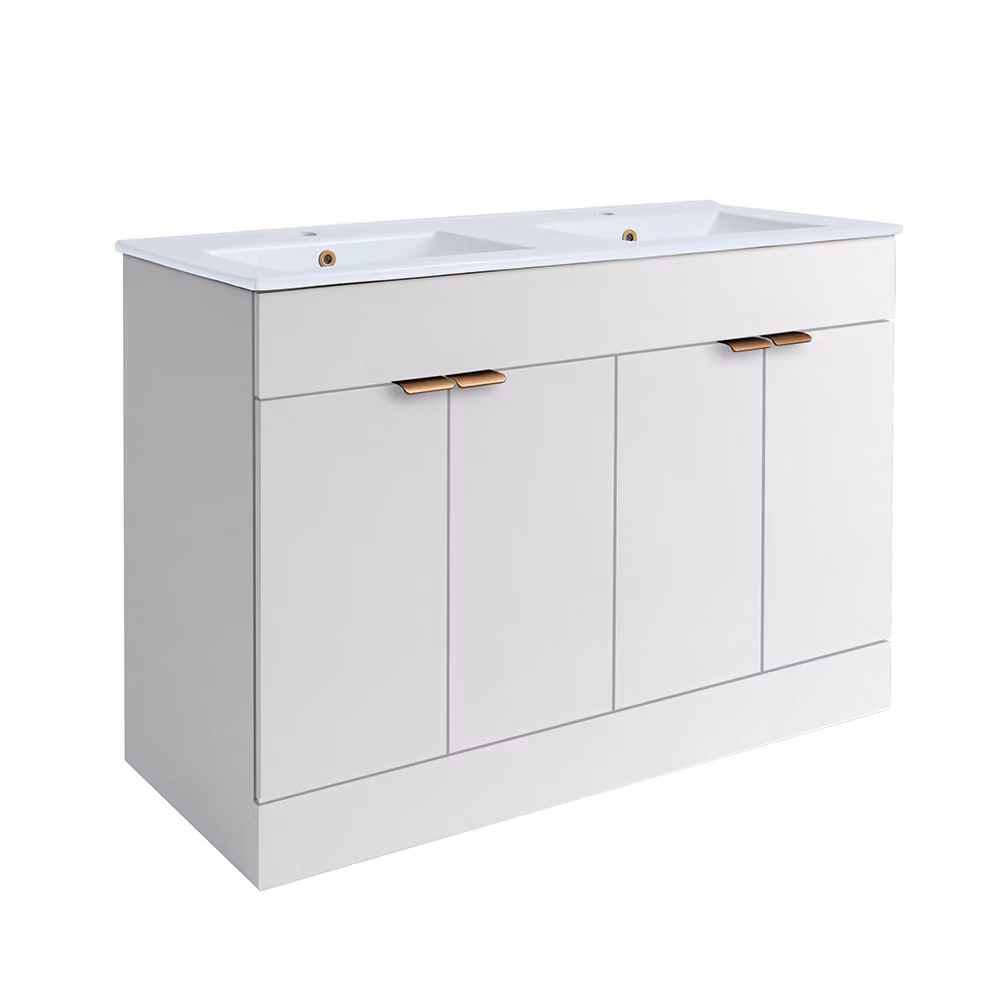 Mobile Bagno a Terra Bianco da 1210mm con Doppio Lavabo e Maniglie con Impugnatura a Dito in Rame Satinato - Cluo