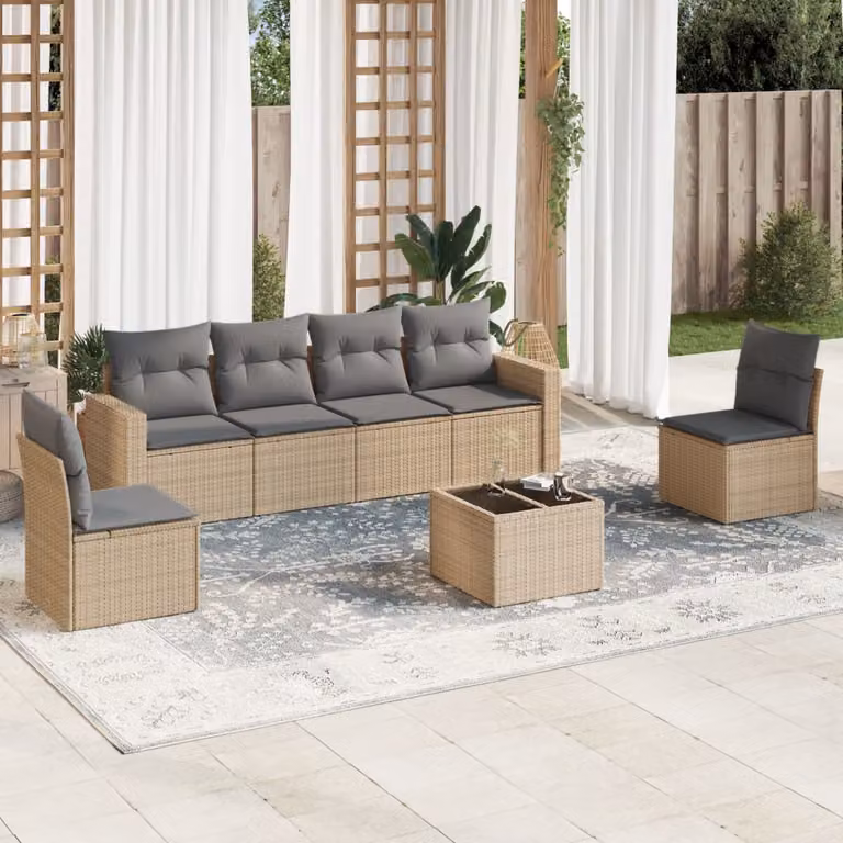Set di divani da giardino vidaXL in polyrattan con cuscini beige e tavolino da esterno 7 pezzi
