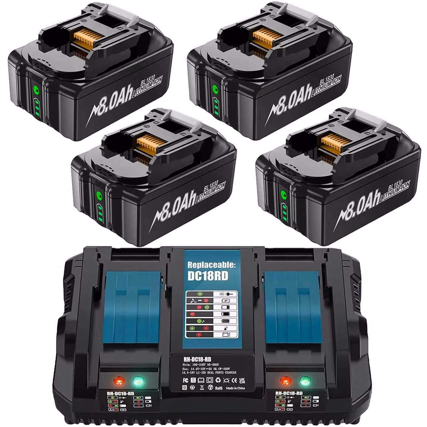 Batteria per utensili elettrici, capacità 8000 mAh, caratteristiche di sicurezza, 4 caricabatterie da 8,0 Ah e 6 A, 18 V