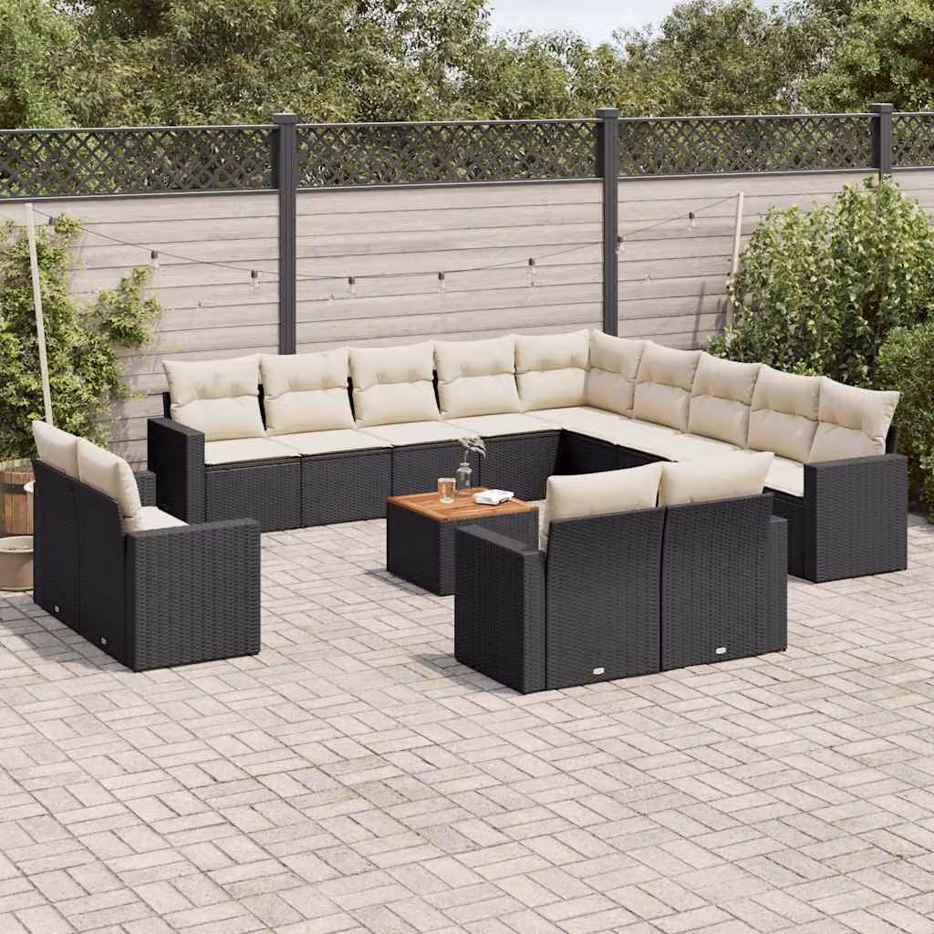 Set di divani da giardino vidaXL a forma di U composto da 14 pezzi con cuscini in polyrattan nero e tavolo da caffè in legno di acacia – 1