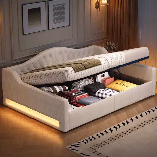 Letto divano matrimoniale OKWISH con contenitore e illuminazione LED beige L/P/H: 140 x 200 x 76,9 cm