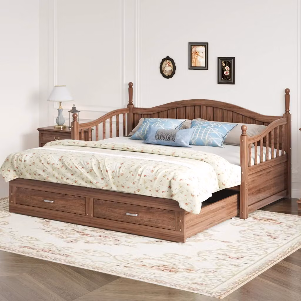 Divano letto estraibile REDOM in legno di pino e MDF, colore marrone, L/P/H: 197 x 97 x 95 cm – 2