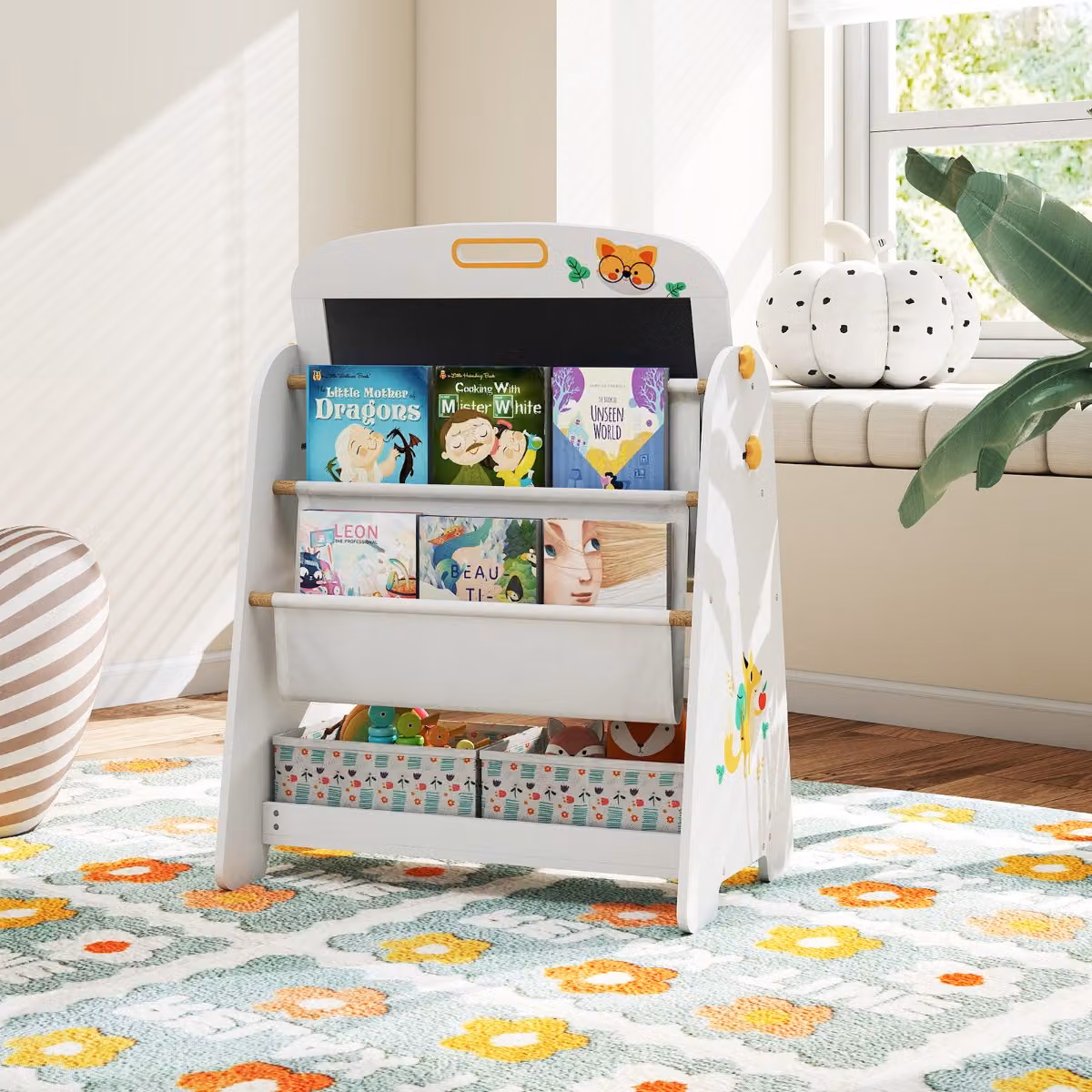 Set tavolo e sedia per bambini Costway 4 in 1 con cavalletto artistico, libreria, lavagna magnetica e lavagna nera, Grigio