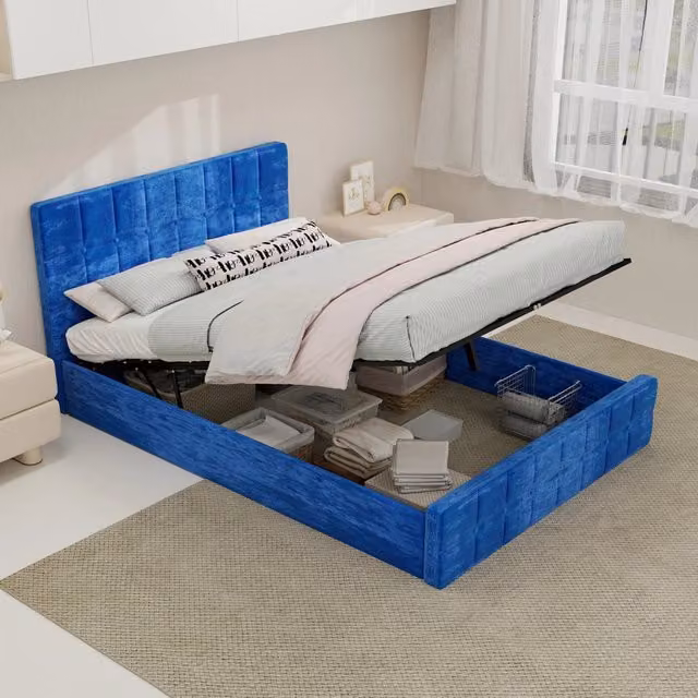 Letto matrimoniale imbottito 140 × 200 cm 2 posti, senza materasso, in velluto blu con testiera trapuntata