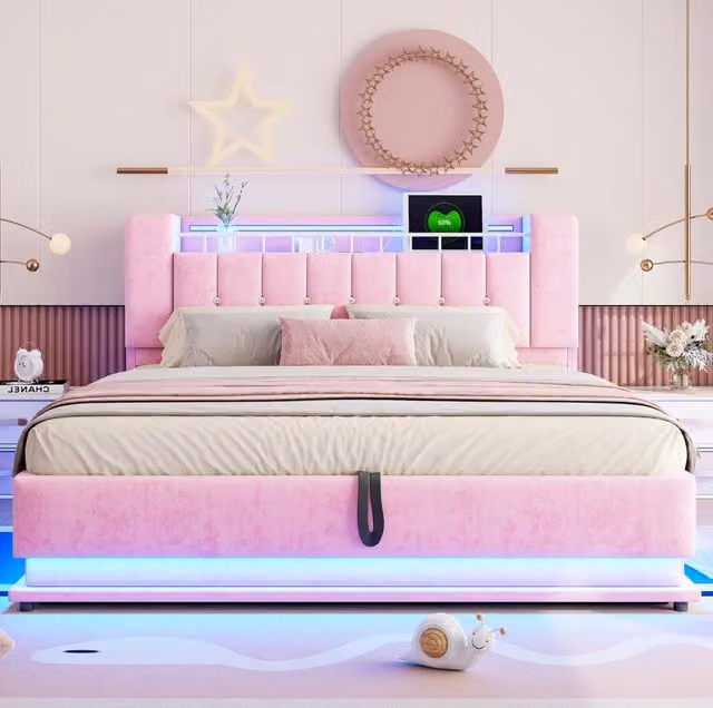 Letto matrimoniale MODFU imbottito in velluto rosa con contenitore, illuminazione LED e porte USB, L/P: 180 x 200 cm