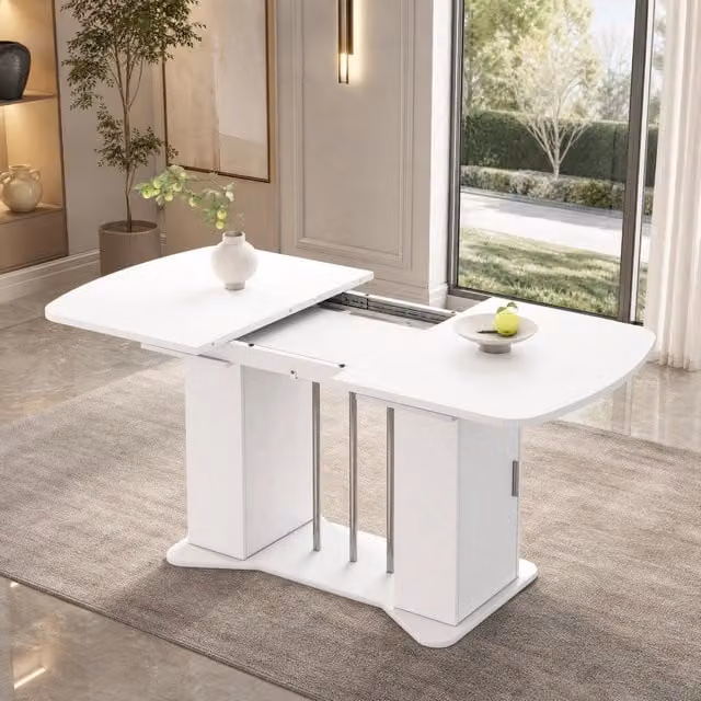 Tavolo da pranzo allungabile 120/160 x 80 x 75 cm; bianco; in MDF con gambe in lega metallica argentate
