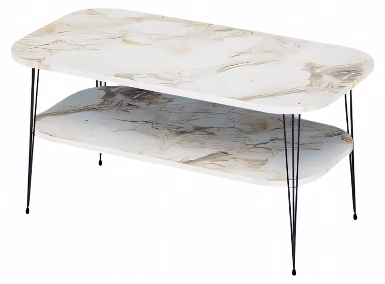 Moderner mehrfarbiger Couchtisch aus Holz mit Edelstahl-Details