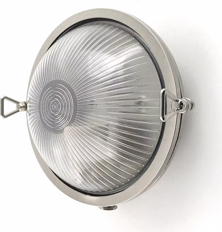 Lampada da parete per esterni in ottone massiccio vetro rotondo D: 17,5 cm IP64 nichel opaco E27 lampada da basamento marittima