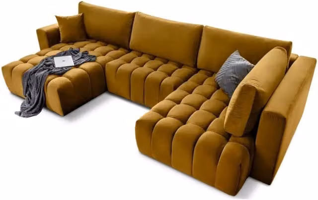Divano angolare convertibile BONITA MEUBLORAMA giallo in tessuto con funzione letto e seduta sollevabile, lato sinistro, L 350 cm x P 175 cm – 1